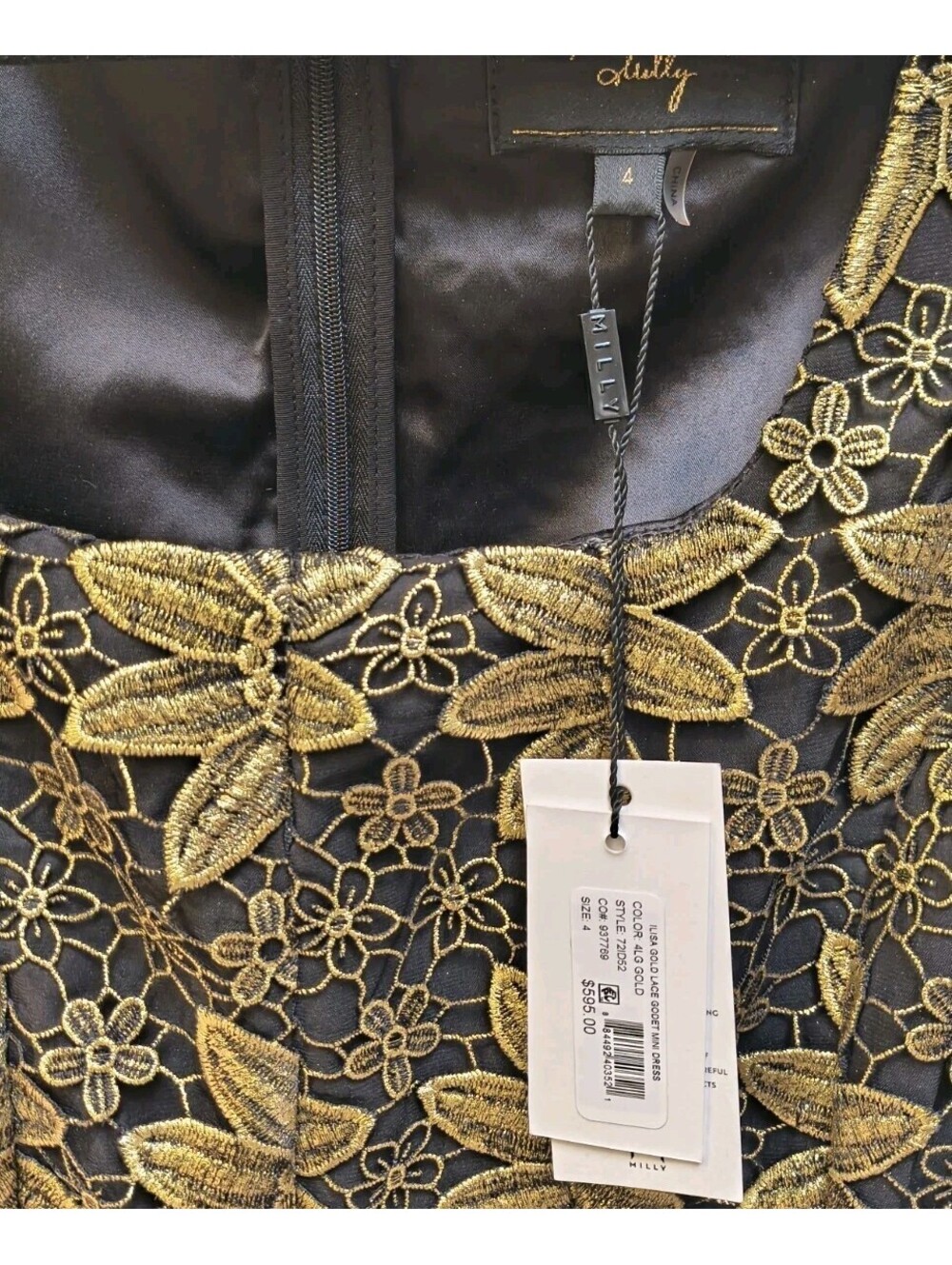 NWT MILLY Ilisa Lace Godet Mini Dress Size 4 Black Gold Scalloped Edge - Picture 7 of 9